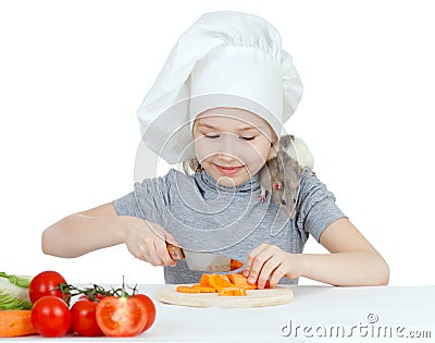 Chef girl preparing healthy food and feeding pet Stock Photo