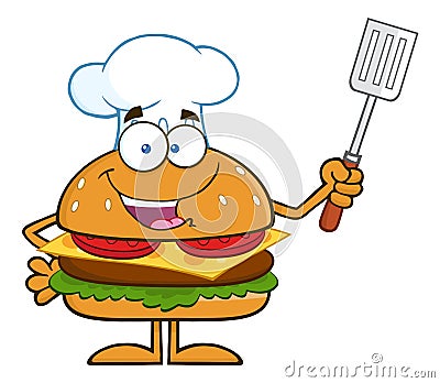 Chef Hamburger Cartoon Character Holding A Slotted Spatula Vector Illustration