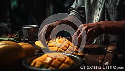 Chef hand slices fresh organic fruit for dessert generated by AI Stock Photo