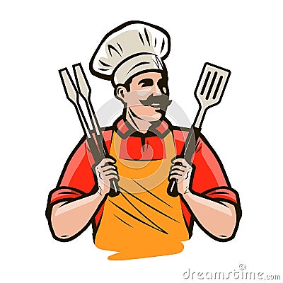 Chef or happy cook holding a grill tools tongs and spatula. Barbecue, kebab food. Cartoon vector illustration Vector Illustration