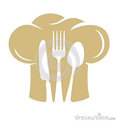 Chef hat silhouette with fork knife, spoon. Vector Illustration