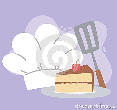 Chef hat spatula and slice cake food cartoon Vector Illustration