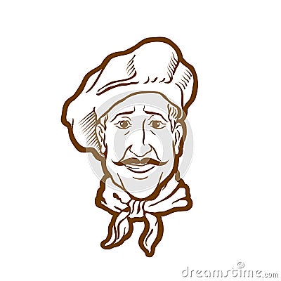 Chef in a hat and tie. vintage logo, hand drawn sketch Cartoon Illustration