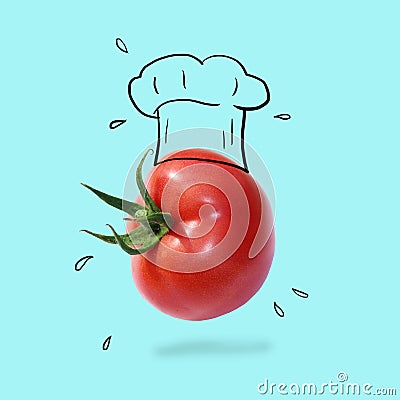 Chef hat with tomato concept on pastel blue background. minimal idea food and fruit creative concept Stock Photo