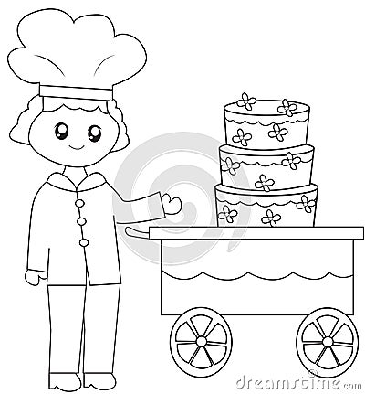 The chef with his three layers of cake coloring page Stock Photo