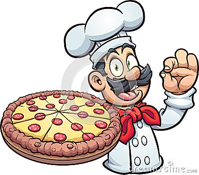 Chef holding a big pepperoni pizza cartoon Vector Illustration