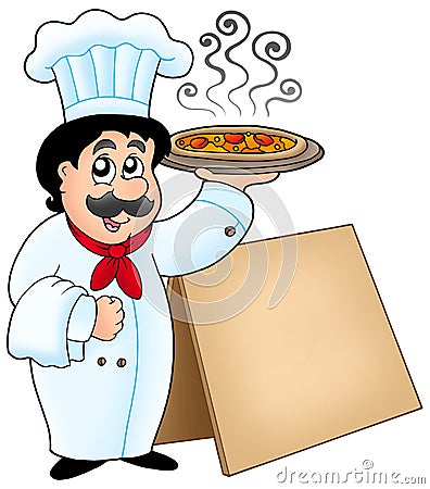 Chef holding pizza with table Cartoon Illustration