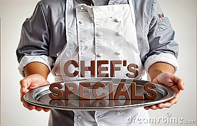 A chef holding silver platter with the text words Chef's Specials spelled out in chocolate Stock Photo