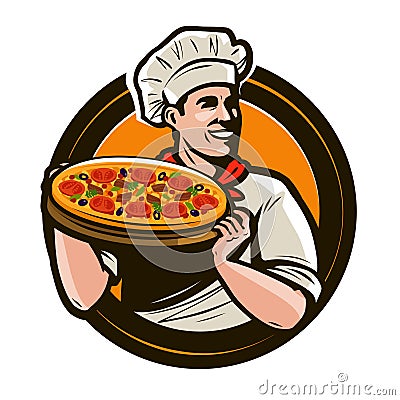 Chef holding a tray of pizza. Fast food, restaurant, pizzeria logo. Vector illustration Vector Illustration