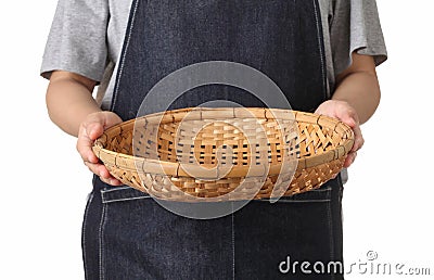 Chef holding wooden basket on white background Stock Photo