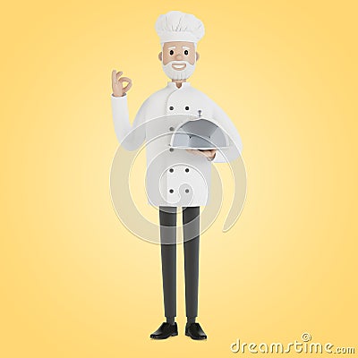 The chef holds a silver food tray and makes the perfect dish gesture. Cartoon Illustration