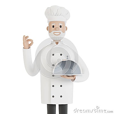 The chef holds a silver food tray and makes the perfect dish gesture. Cartoon Illustration