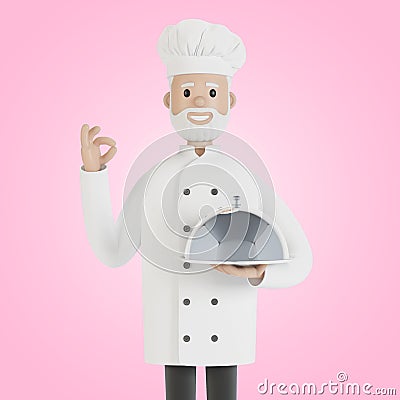 The chef holds a silver food tray and makes the perfect dish gesture. Cartoon Illustration