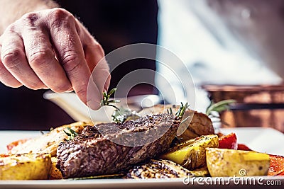 Chef in hotel or restaurant kitchen cooking only hands. Prepared beef steak with vegetable decoration Stock Photo