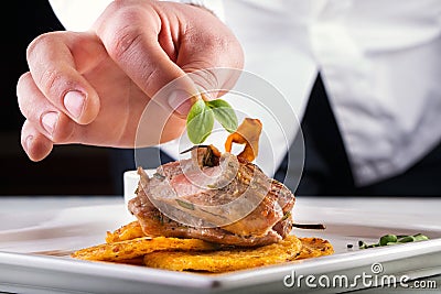 Chef in hotel or restaurant kitchen cooking, only hands. Prepared meat steak with potato or celery pancakes. Stock Photo