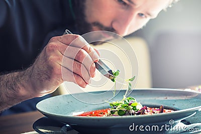 Chef in hotel or restaurant kitchen cooking, only hands. He is working on the micro herb decoration. Preparing tomato soup Stock Photo