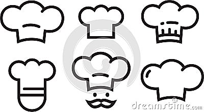 Chef icons set, chef`s hat symbols. Vector logo collection simple lineart outline icons isolated. Vector Illustration