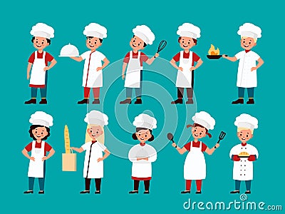 Chef kids. Happy gourmet children cook delicious food on kitchen, fun confectioner boy and girl uniform collection Vector Illustration