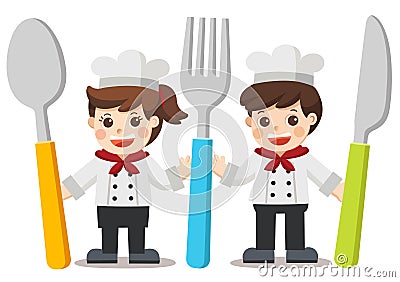 Children with knife, spoon and fork. Chef Kids Menu. Vector Illustration