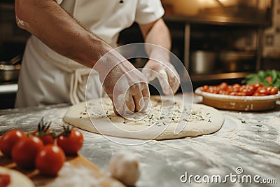 Chef Kneading Dough For An Authentic Pizza In A Pizzeria Kitchen Stock Photo