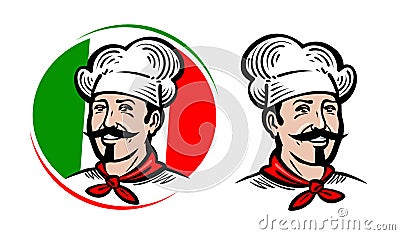 Chef, logo. Italian food, pizza, restaurant, menu label. Cartoon vector illustration Vector Illustration
