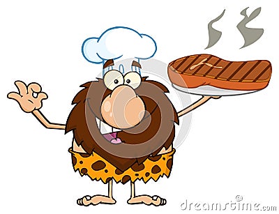 Chef Male Caveman Cartoon Mascot Character Holding Up A Platter With Big Grilled Steak And Gesturing Ok Vector Illustration