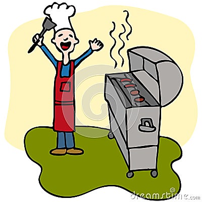 Chef Man Cooking Barbecue Grill Vector Illustration