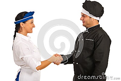 Chef man meeting waitress Stock Photo