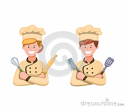 Chef Man and Woman in Uniform Ready To Cooking Symbol Icon Set in Cartoon illustration Vector on White Background Vector Illustration