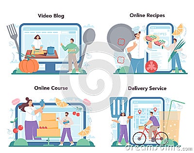 Chef online service or platform set. Culinary specialist in apron Vector Illustration