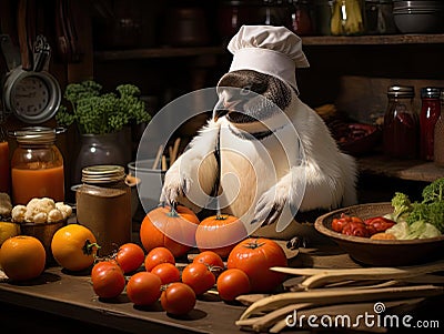 Chef penguin cooks in kitchen Stock Photo