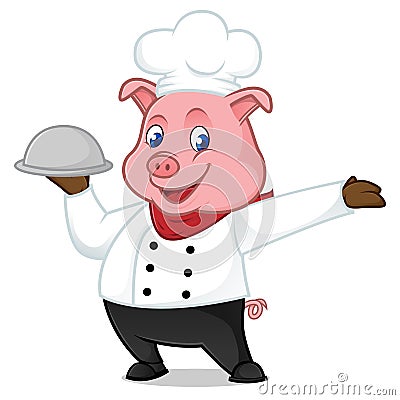 Chef pig cartoon mascot holding food tray Stock Photo