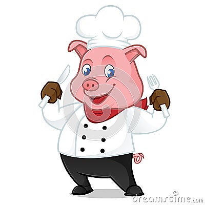 Chef pig cartoon mascot holding fork and knife Stock Photo