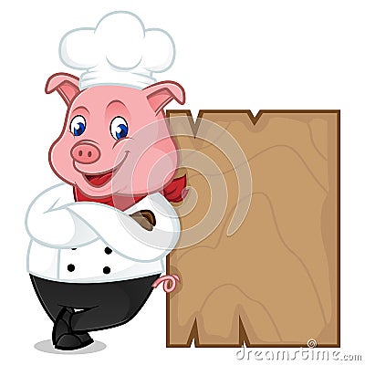 Chef pig cartoon mascot leaning on wooden plank Stock Photo