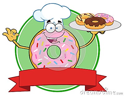 Chef Pink Donut Cartoon Character Serving Donuts Circle Label Vector Illustration