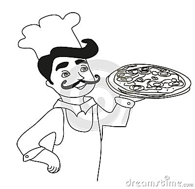 Chef with pizza - doodle Illustration Vector Illustration