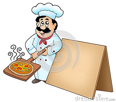 Chef with pizza plate and board Cartoon Illustration