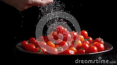 Chef pours cherry tomatoes in a plate. Generative AI Stock Photo