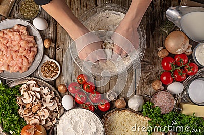 Chef Prepares Dough Pizza Pie Pasta Top View Background Ingredients Step Cooking Process Stock Photo
