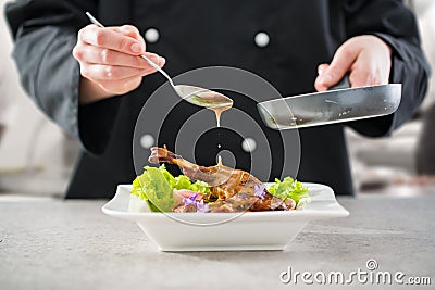 The chef prepares a gourmet meal. Stock Photo