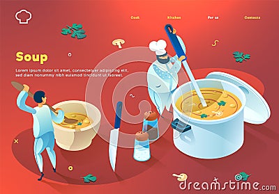 Chef prepares the soup, the assistant pours the soup into the plate. Web site concept. Colored spots on bright gradients. Vector Illustration