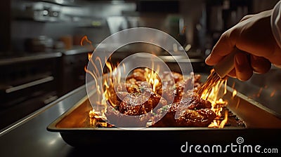 a chef preparing a batch of chicken wings in a restaurant kitchen, AI Generated Stock Photo