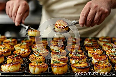 Chef preparing delicious grilled scallops in creamy butter lemon or cajun sauce with aromatic herbs Stock Photo