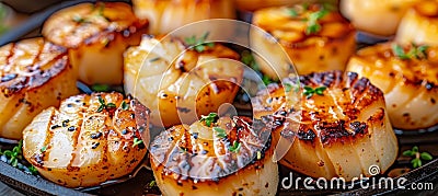 Chef preparing grilled scallops in creamy butter lemon or cajun sauce with herbs Stock Photo