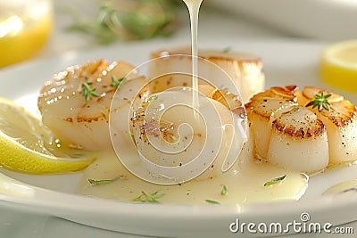 Chef preparing grilled scallops in creamy butter lemon or cajun spicy sauce with herbs Stock Photo