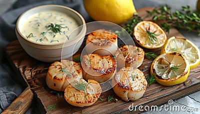 Chef preparing grilled scallops in creamy lemon butter or cajun sauce with herbs Stock Photo