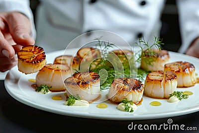 Chef preparing grilled scallops in creamy lemon butter or spicy cajun sauce with herbs Stock Photo