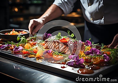 Chef preparing and serving an elegant meal. Service time. AI generated Stock Photo