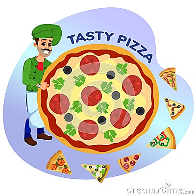 Chef, Promoting Pizza with Different Fillings Vector Illustration