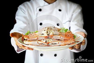 Chef proudly presenting steamed crabs on the plate in dark dramatic background. Stock Photo